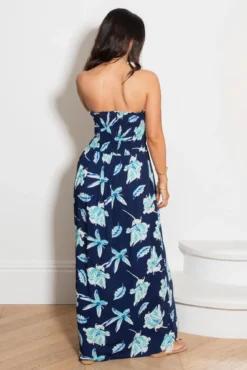 Removable Straps Shirred Bodice Maxi Dress - Navy Tropical -Curve by Lingerie 307431 20230112150700