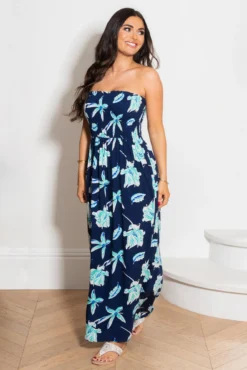 Removable Straps Shirred Bodice Maxi Dress - Navy Tropical -Curve by Lingerie 307432 20230112150700