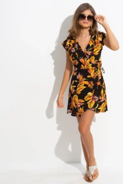 Woven EcoVero™ Frill Wrap Dress - Black/Gold