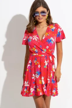 Woven EcoVero™ Tiered Wrap Dress - Red Tropical -Curve by Lingerie 308707 20230518121100
