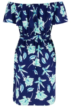 Woven Frill Belted Bardot Dress - Navy Tropical -Curve by Lingerie 308708 20230126144600