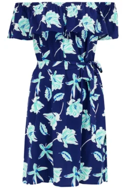 Woven Frill Belted Bardot Dress - Navy Tropical -Curve by Lingerie 308709 20230126144600