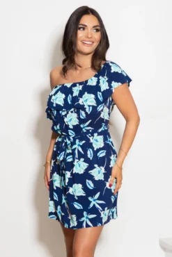Woven Frill Belted Bardot Dress - Navy Tropical -Curve by Lingerie 308713 20230126144600