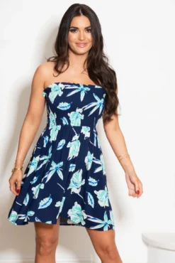 Removable Straps Shirred Bodice Short Dress - Navy Tropical