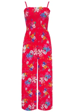 Shirred Crop Leg Jumpsuit - Red Tropical -Curve by Lingerie 310917 20230519164600