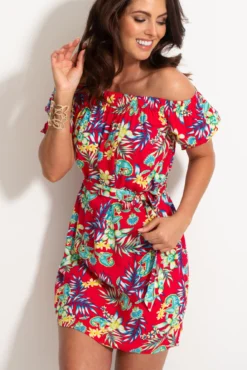 Woven Puff Sleeve Belted Bardot Dress - Red Paisley -Curve by Lingerie 312491 20230519152900