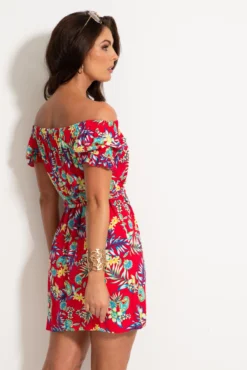 Woven Puff Sleeve Belted Bardot Dress - Red Paisley -Curve by Lingerie 312493 20230519152900