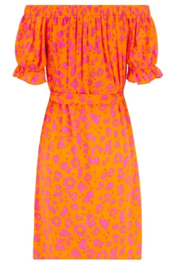 Woven Puff Sleeve Belted Bardot Dress - Orange/Pink -Curve by Lingerie 312637 20230517155500