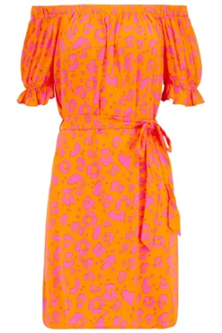 Woven Puff Sleeve Belted Bardot Dress - Orange/Pink -Curve by Lingerie 312638 20230517155500