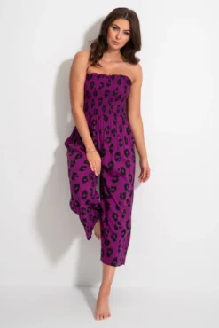 Shirred Crop Leg Jumpsuit - Violet Leopard -Curve by Lingerie 313105 20230518162100