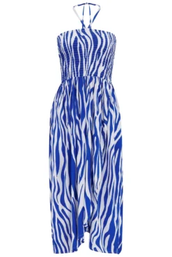 Halter Neck Strap Shirred Bodice Maxi Dress - White/Blue -Curve by Lingerie 313395 20230518154000
