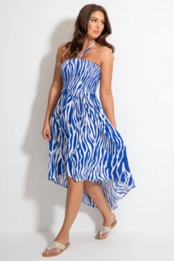 Halter Neck Strap Shirred Bodice Maxi Dress - White/Blue -Curve by Lingerie 313396 20230518154100