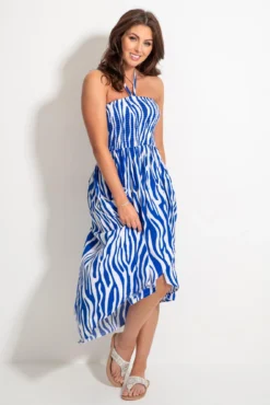 Halter Neck Strap Shirred Bodice Maxi Dress - White/Blue -Curve by Lingerie 313397 20230518154100