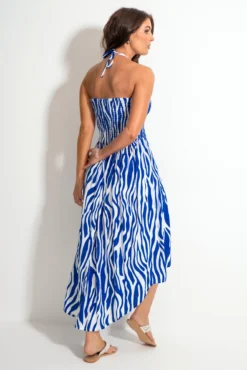 Halter Neck Strap Shirred Bodice Maxi Dress - White/Blue -Curve by Lingerie 313398 20230518154000