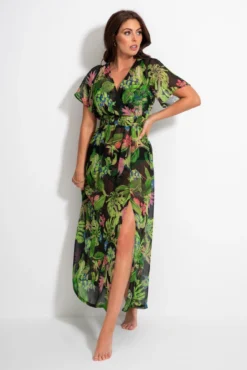 Short Sleeve Chiffon Wrap Maxi Kaftan - Tropical