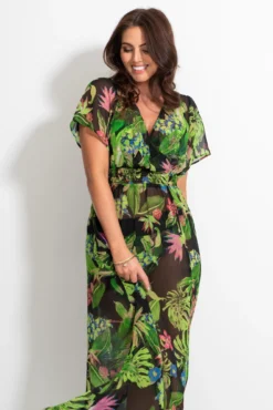 Short Sleeve Chiffon Wrap Maxi Kaftan - Tropical -Curve by Lingerie 313411 20230404112200