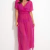Short Sleeve Chiffon Wrap Maxi Kaftan - Fuchsia