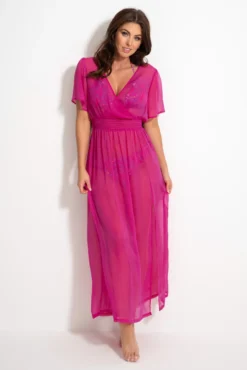 Short Sleeve Chiffon Wrap Maxi Kaftan - Fuchsia