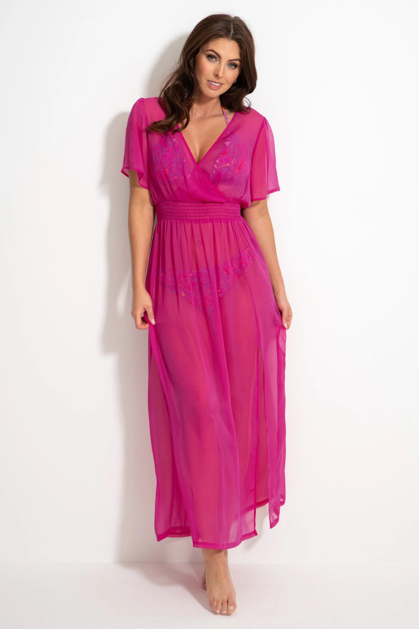 Short Sleeve Chiffon Wrap Maxi Kaftan - Fuchsia 1 Short Sleeve Chiffon Wrap Maxi Kaftan - Fuchsia