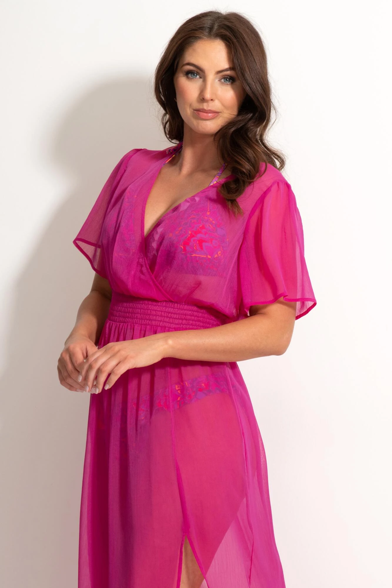 Short Sleeve Chiffon Wrap Maxi Kaftan - Fuchsia 2 Short Sleeve Chiffon Wrap Maxi Kaftan - Fuchsia - Image 2