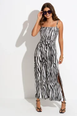 Removable Straps Shirred Split Maxi Dress - Zebra