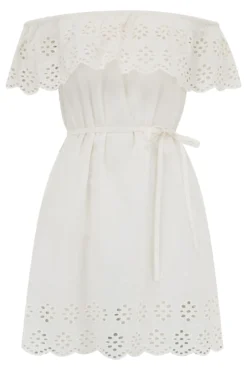 Cotton Broderie Bardot Mini Beach Dress - White -Curve by Lingerie 313528 20230818155100