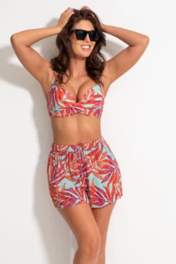 Crinkle Viscose Tie Front Beach Shorts - Aqua Palm -Curve by Lingerie 313638 20230518151000