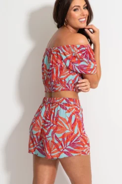 Crinkle Viscose Tie Front Beach Shorts - Aqua Palm -Curve by Lingerie 313640 20230518150900