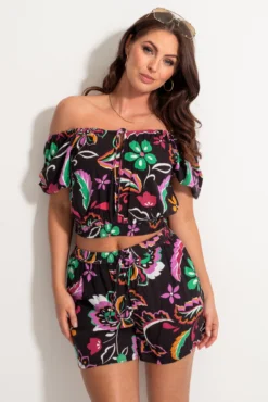 Crinkle Viscose Tie Front Beach Shorts - Black/Multi