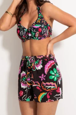 Crinkle Viscose Tie Front Beach Shorts - Black/Multi -Curve by Lingerie 313645 20230404121100