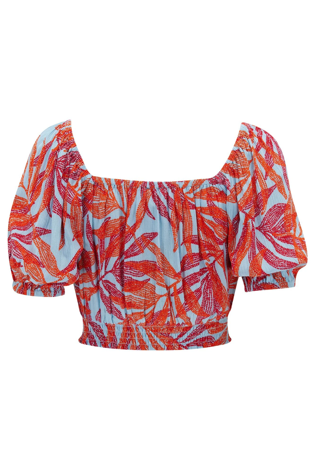 Crinkle Viscose Bardot Smock Tie Top - Aqua Palm 7 Crinkle Viscose Bardot Smock Tie Top - Aqua Palm - Image 7