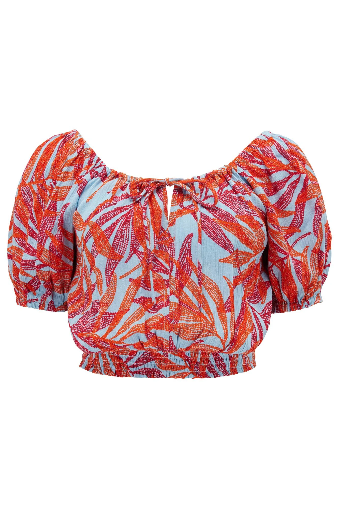 Crinkle Viscose Bardot Smock Tie Top - Aqua Palm 6 Crinkle Viscose Bardot Smock Tie Top - Aqua Palm - Image 6