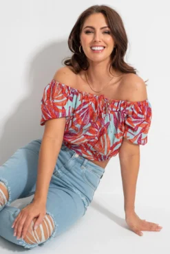 Crinkle Viscose Bardot Smock Tie Top - Aqua Palm 9 Crinkle Viscose Bardot Smock Tie Top - Aqua Palm -Curve by Lingerie 313683 20230518151100