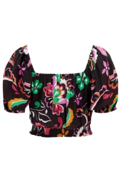 Crinkle Viscose Bardot Smock Tie Top - Black/Multi -Curve by Lingerie 313686 20230404121500