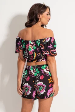 Crinkle Viscose Bardot Smock Tie Top - Black/Multi -Curve by Lingerie 313691 20230404121500