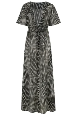 Frill Detail Double Tie Chiffon Kimono - Black/Neutral -Curve by Lingerie 313738 20230519132200