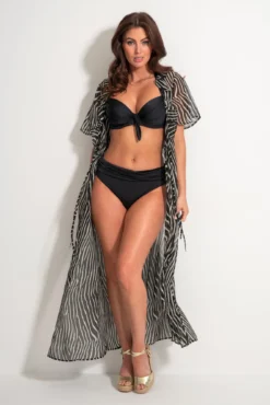 Frill Detail Double Tie Chiffon Kimono - Black/Neutral -Curve by Lingerie 313741 20230519132200