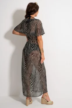 Frill Detail Double Tie Chiffon Kimono - Black/Neutral -Curve by Lingerie 313742 20230519132200