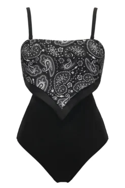 Scarf Strapless Tummy Control Swimsuit - Black Paisley -Curve by Lingerie 314735 20230524154300