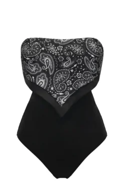 Scarf Strapless Tummy Control Swimsuit - Black Paisley -Curve by Lingerie 314736 20230524154300