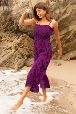 Shirred Crop Leg Jumpsuit - Violet Leopard