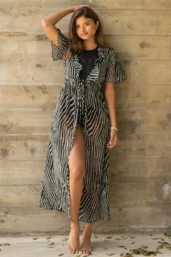 Frill Detail Double Tie Chiffon Kimono - Black/Neutral