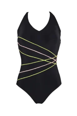 Energy Chlorine Resistant Recycled V Neck Linear Swimsuit - Black/Lime -Curve by Lingerie 316434 20230519153700