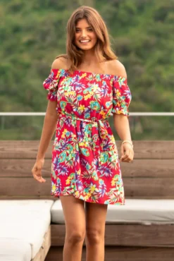 Woven Puff Sleeve Belted Bardot Dress - Red Paisley