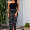 Removable Straps Shirred Split Maxi Dress - Black/White