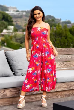 Shirred Crop Leg Jumpsuit - Red Tropical