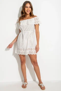 Cotton Broderie Bardot Mini Beach Dress - White